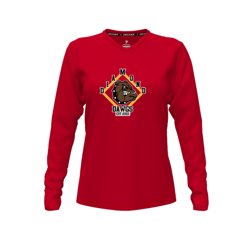 [CUS-DFW-TEES-PER-VNK-LSL-RED-FYXS-LOGO3] Performance T-Shirt (Female Youth XS, Red, V Neck, Logo 3, Long Sleeve)