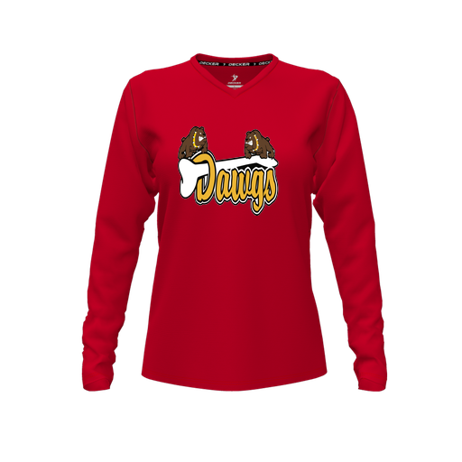 [CUS-DFW-TEES-PER-VNK-LSL-RED-FYXS-LOGO2] Performance T-Shirt (Female Youth XS, Red, V Neck, Logo 2, Long Sleeve)